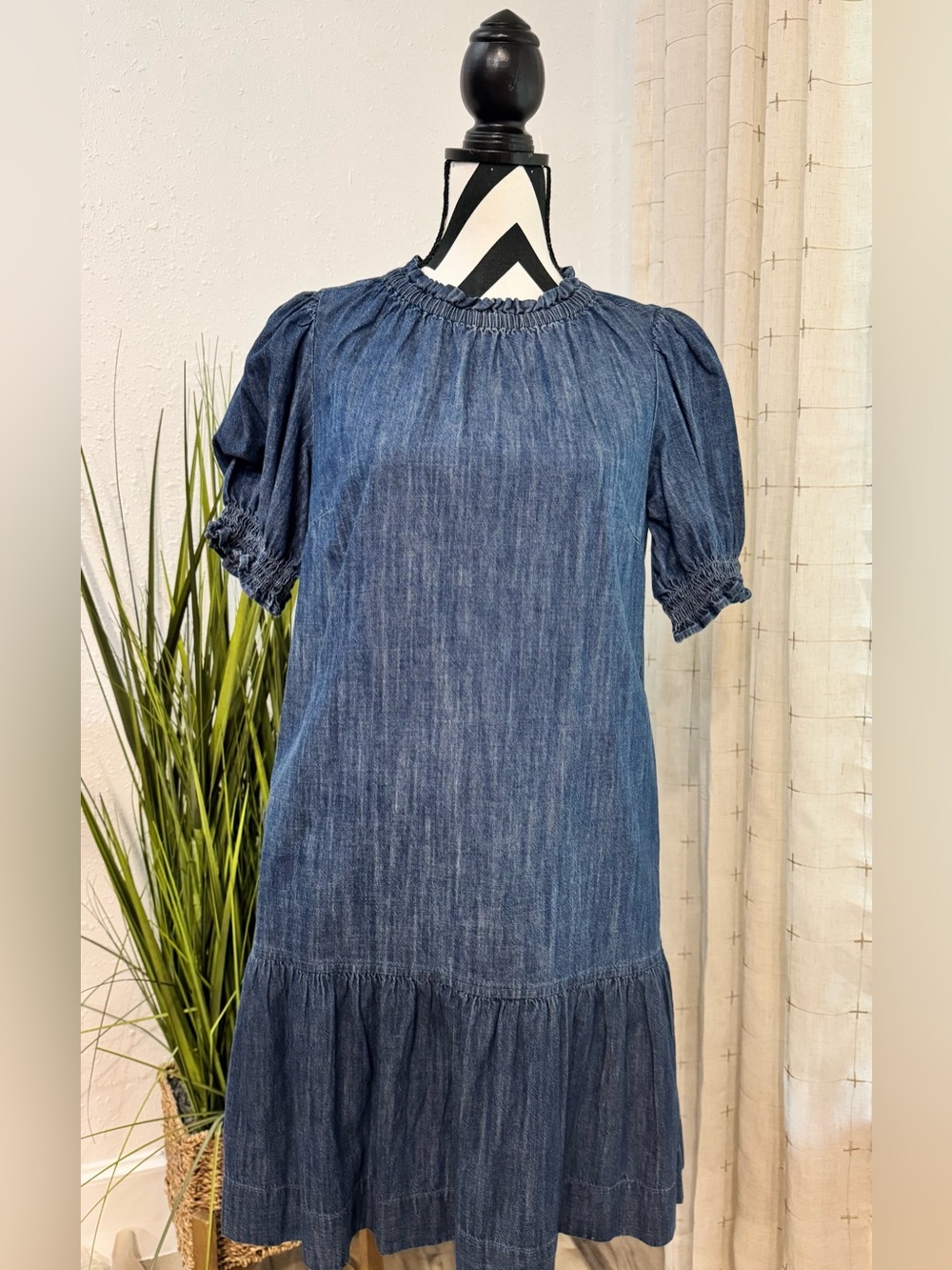 Denim Smocked Neck Puff Sleeve Midi Dress - Blue